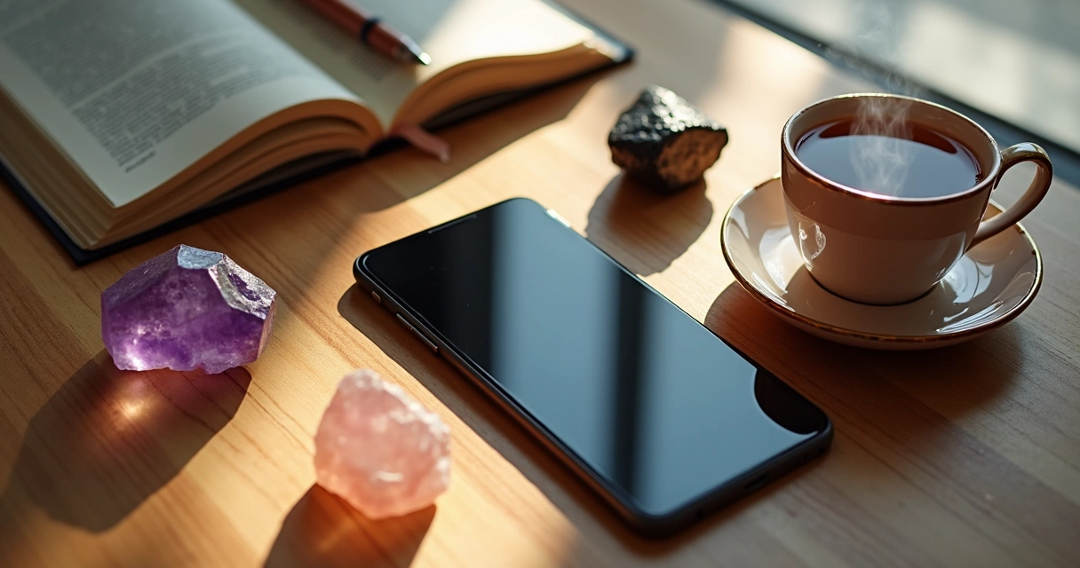 Mesa com cristais, smartphone, e bloco de notas aberto 