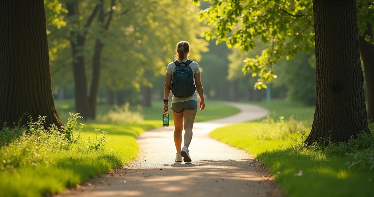 Pessoa caminhando em parque, roupa confortável, ambiente calmo e arborizado. 