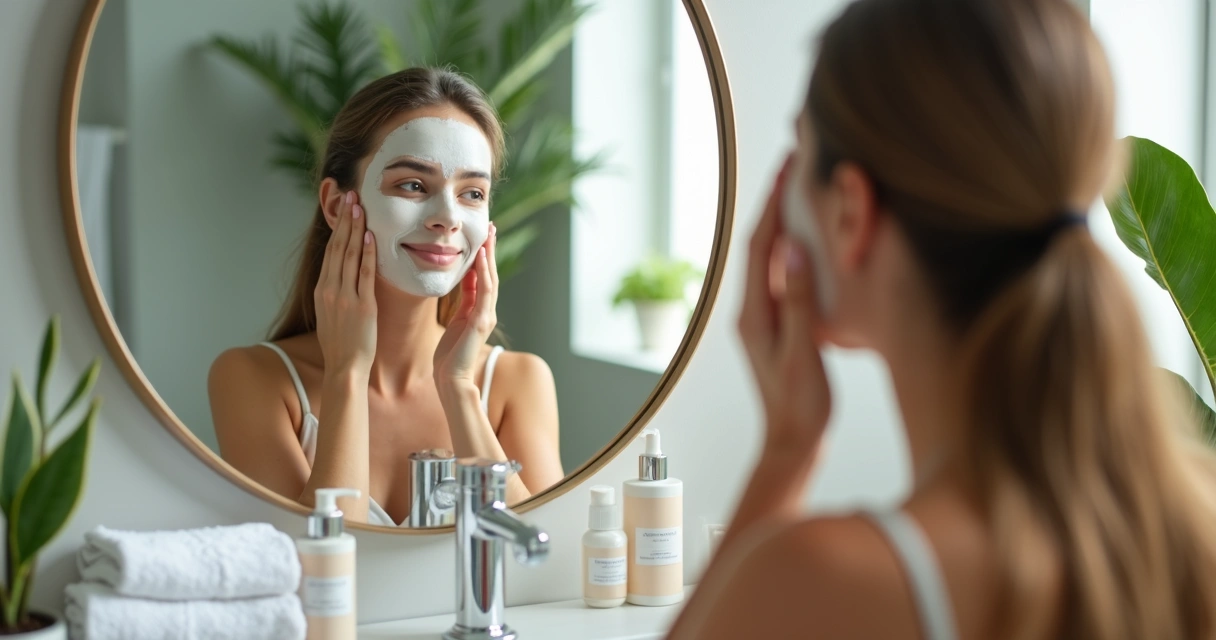 Mulher cuidando do rosto em casa com produtos de skincare, espelho e toalha branca. 