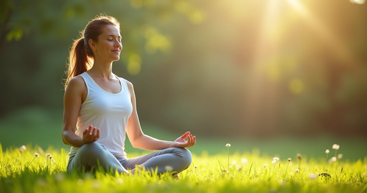 Mujer meditando en posición de loto al aire libre sobre césped verde con expresión tranquila. 