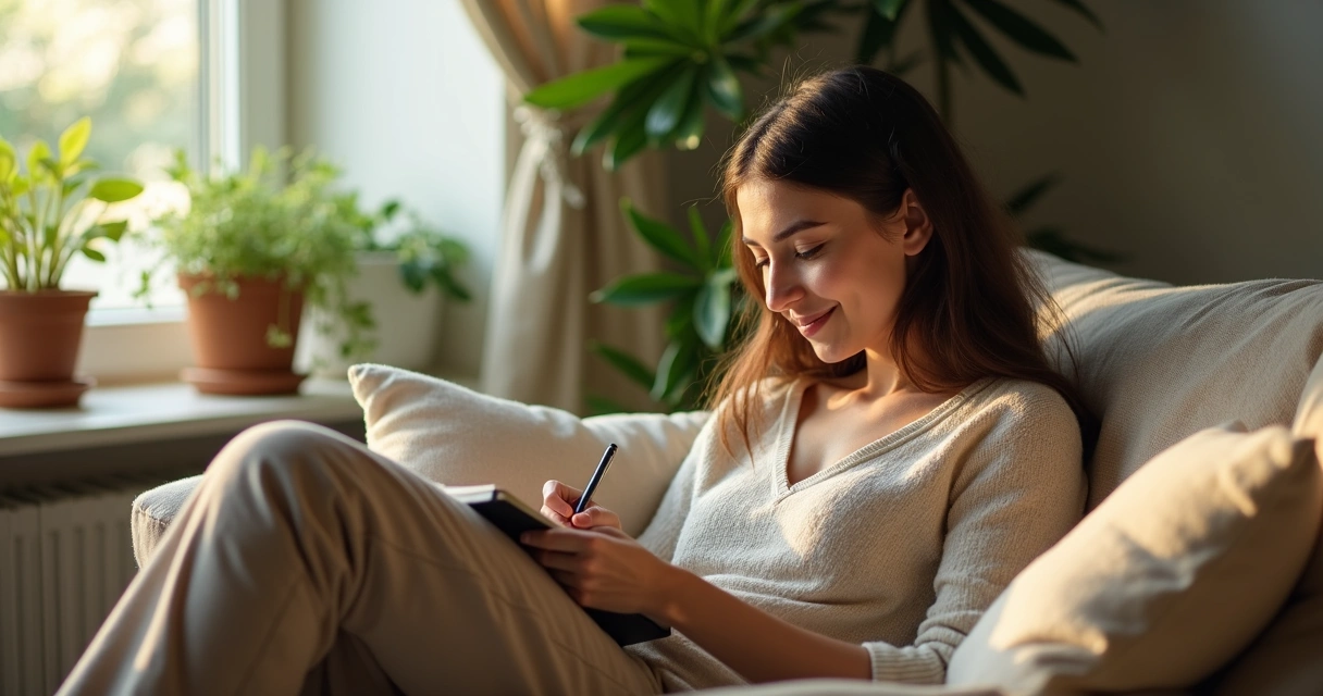 Pessoa escrevendo em diário em ambiente tranquilo 