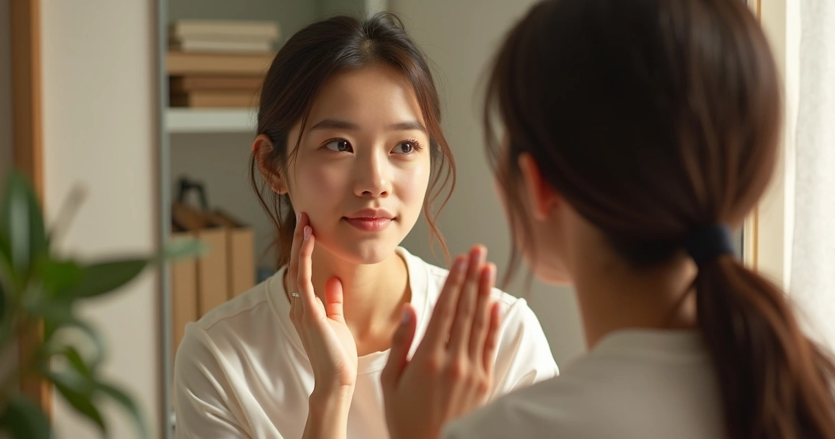 Pessoa olhando para o espelho com expressão tranquila, segurando a própria mão 