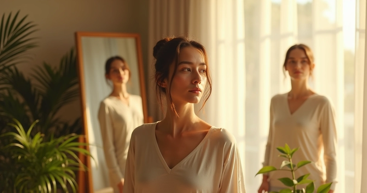 Pessoa refletindo diante do espelho, com expressão serena, em ambiente iluminado. 