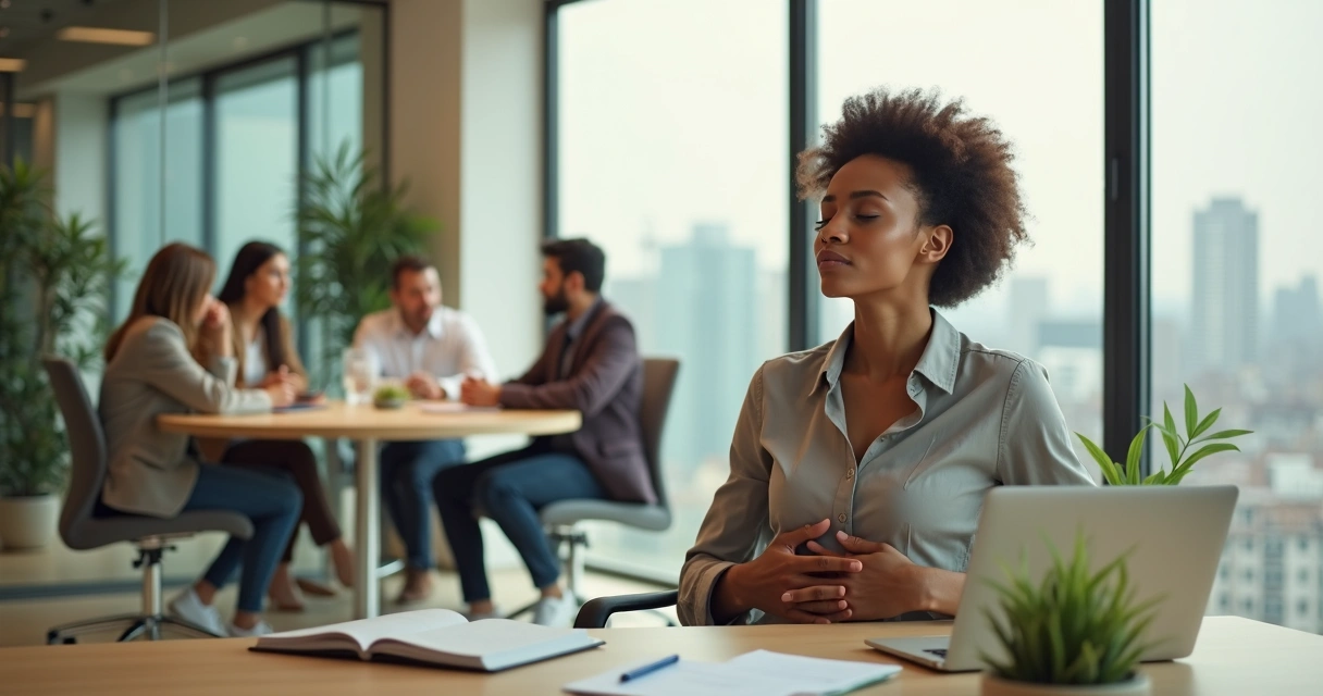 Líder sentado en oficina calma practicando autocuidado emocional con su equipo al fondo 