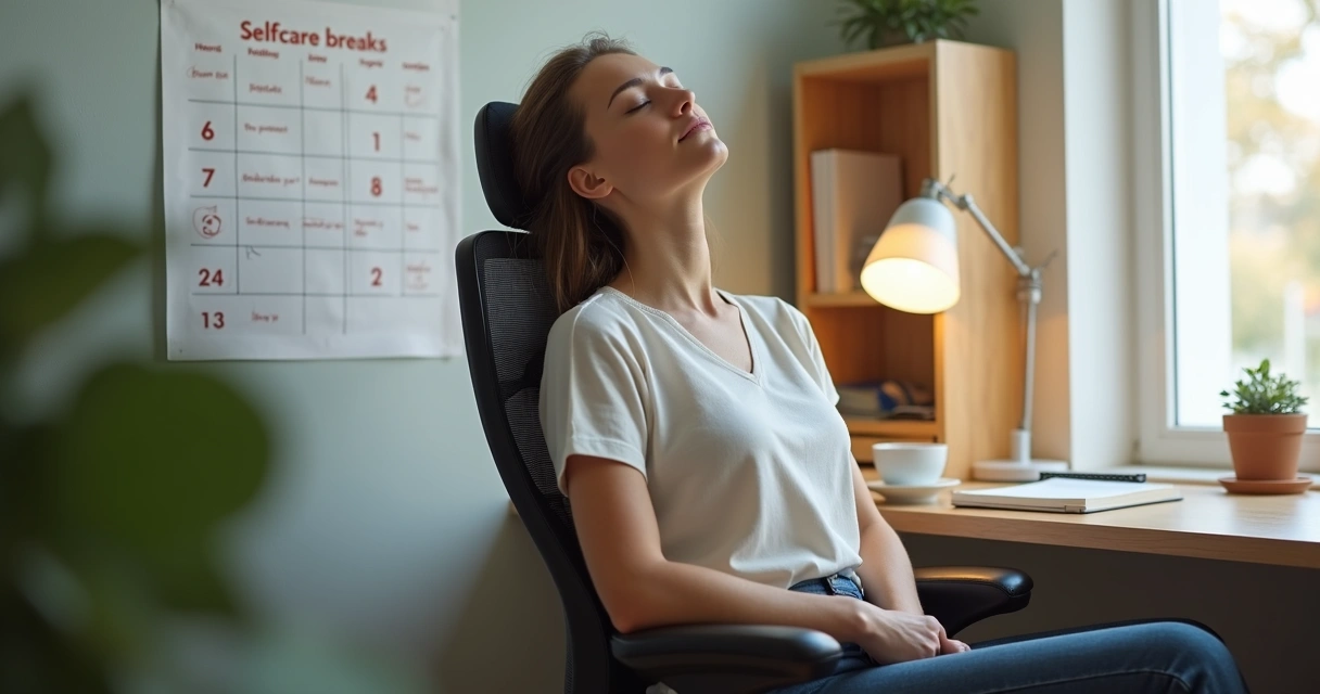 Pessoa sentada em cadeira ergonômica, olhos fechados, praticando autocuidado emocional no escritório 