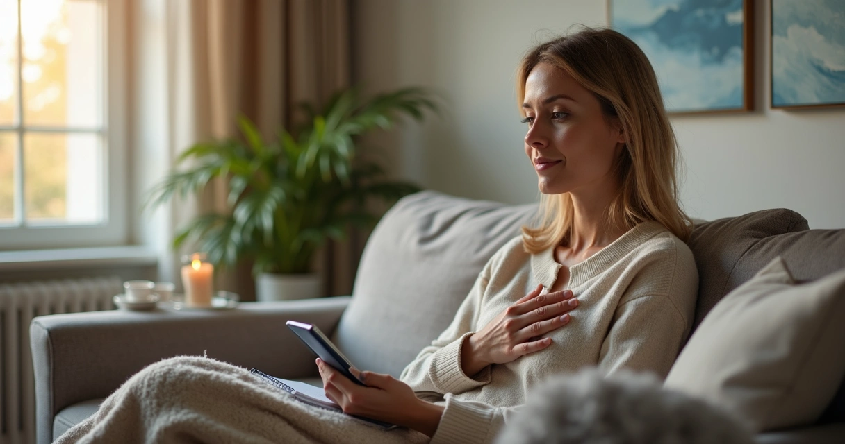Pessoa sentada em sofá com postura tranquila refletindo sobre emoções em ambiente aconchegante 