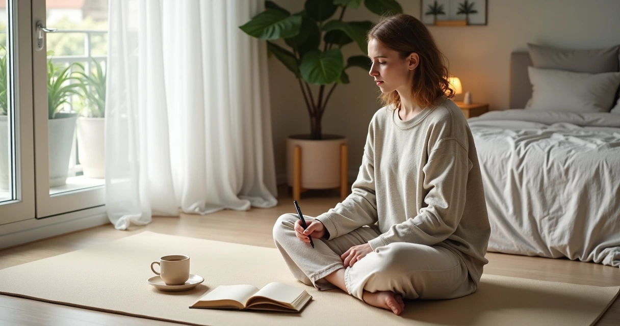 Pessoa sentada em um tapete praticando autocuidado emocional com caderno e chá ao lado 