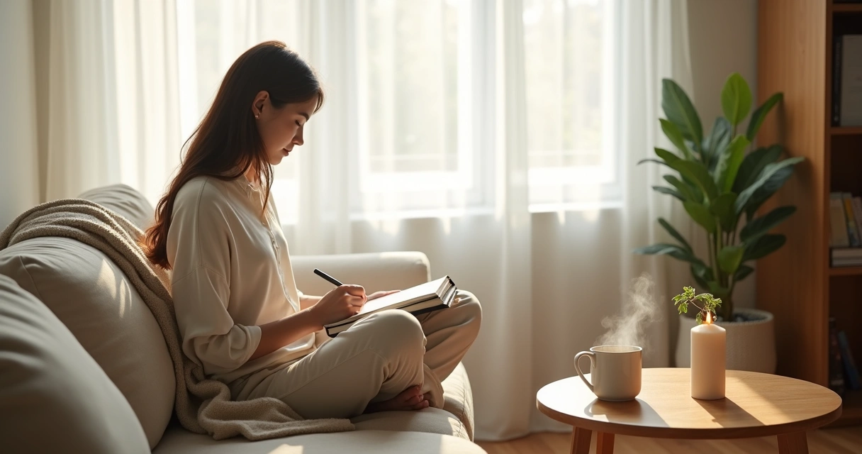Pessoa sentada perto da janela praticando autocuidado emocional com caderno de anotações e chá quente 