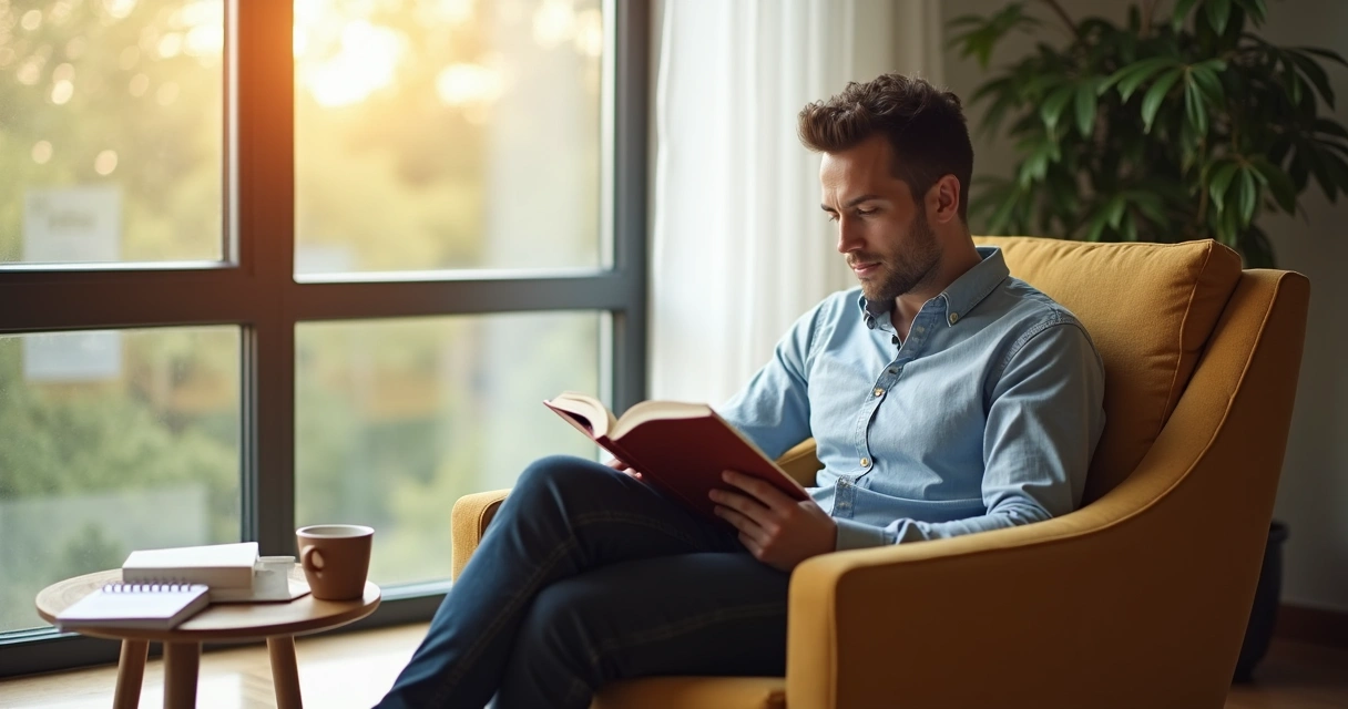 Profissional relaxando lendo livro em ambiente tranquilo 