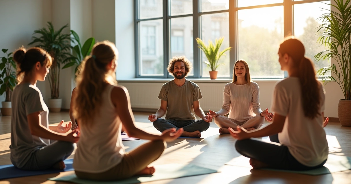 Equipe de trabalho reunida em círculo, praticando exercícios de respiração no escritório