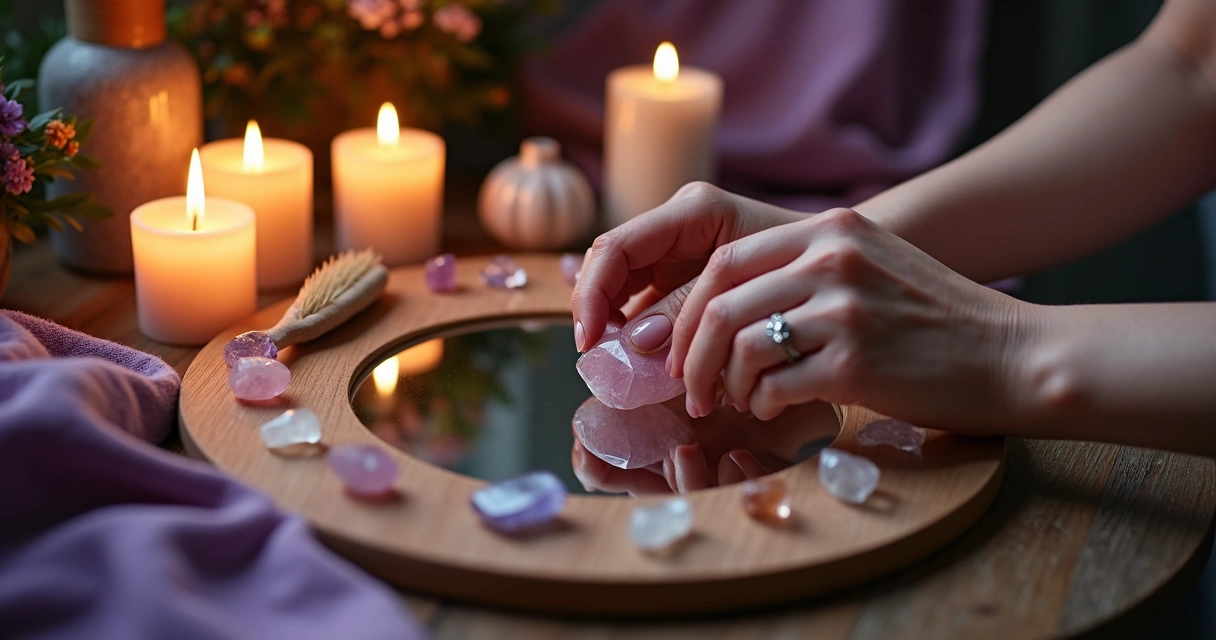 Velas acesas e cristais ao redor de um espelho em um ambiente feminino escuro 