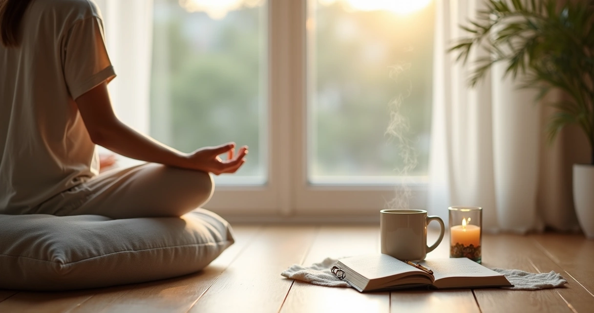 Pessoa sentada em meditação perto da janela com caderno de anotações e xícara de chá ao lado 