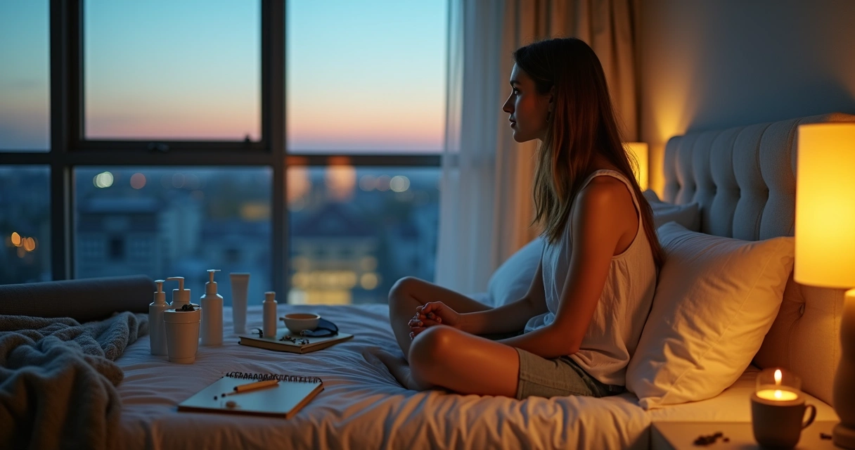 Mulher sentada na cama cercada de itens de autocuidado enquanto olha preocupada pela janela 