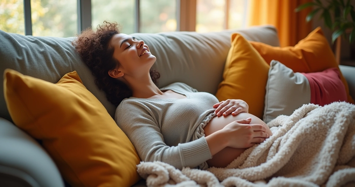 Gestante relaxando em sofá com almofadas e manta 