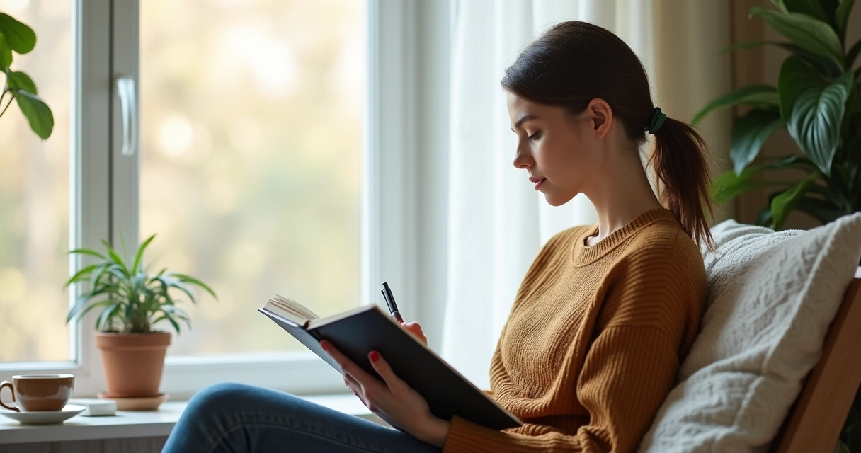 Joven sentado en calma junto a una ventana con libreta en la mano 