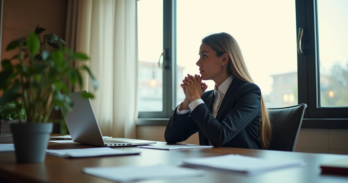 Persona reflexionando frente al escritorio en oficina. 