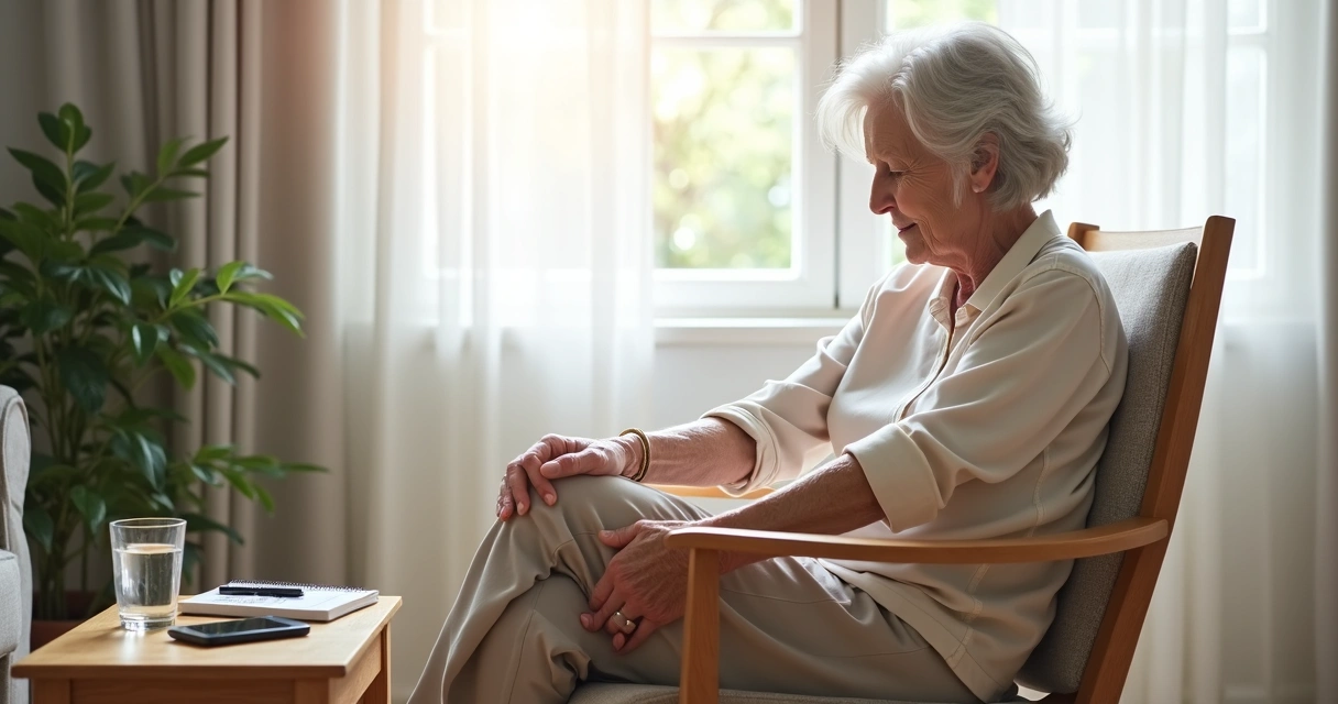 Senhora mostrando cuidados com joelho sentado em cadeira 