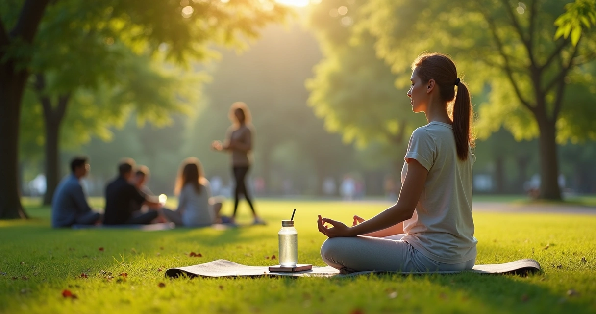 Pessoa meditando em parque cercada por amigos conversando ao fundo 