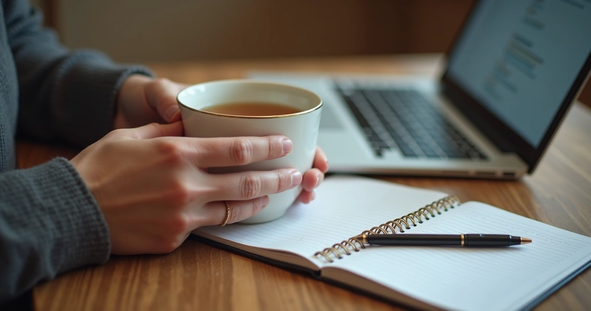 Detalhe de mãos com caneca de chá sobre mesa, notebook ao lado 