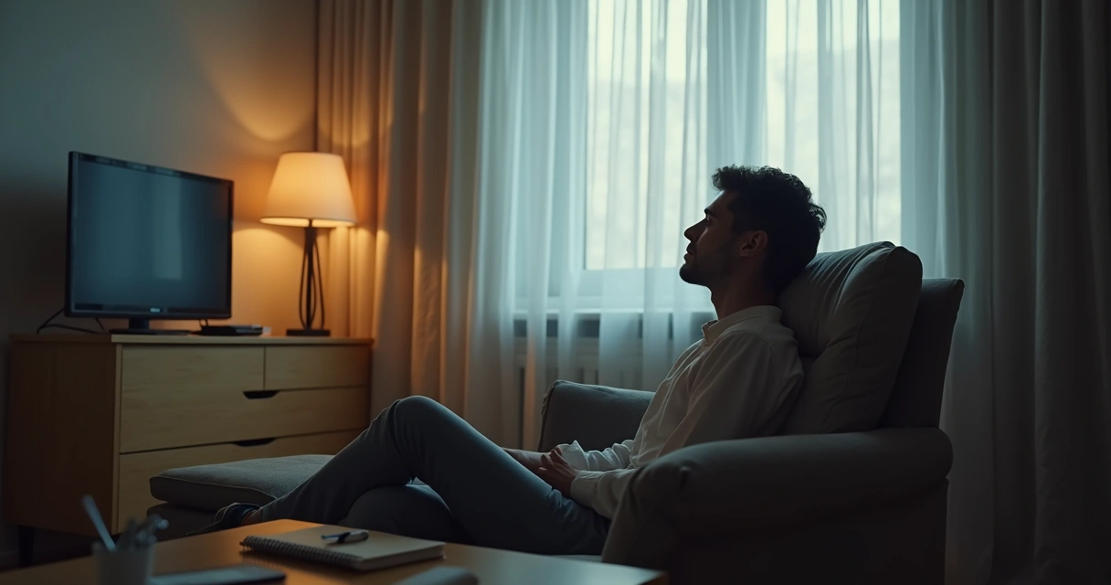 Líder relaxando sozinho em ambiente tranquilo com luz suave 