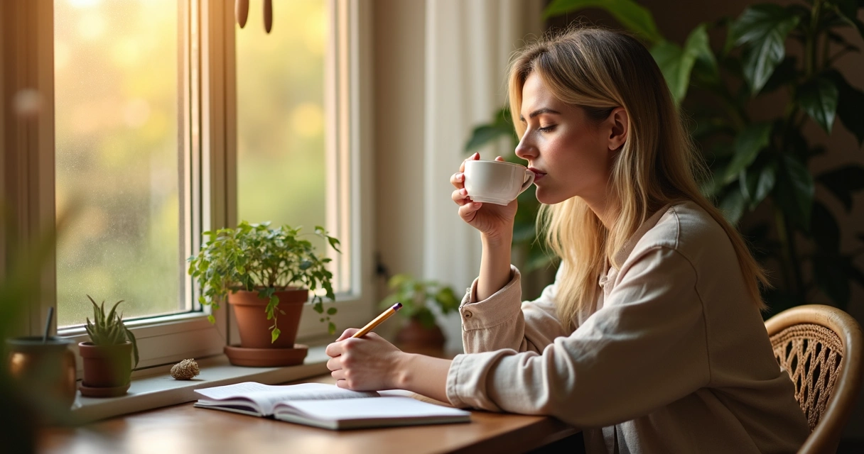 Líder practicando autocuidado emocional en entorno sereno 