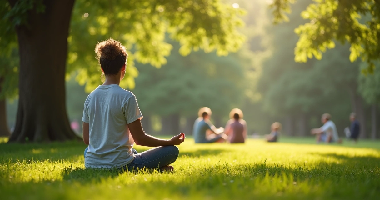 Líder comunitario meditando al aire libre en parque, rodeado de árboles, con compañeros en segundo plano conversando 