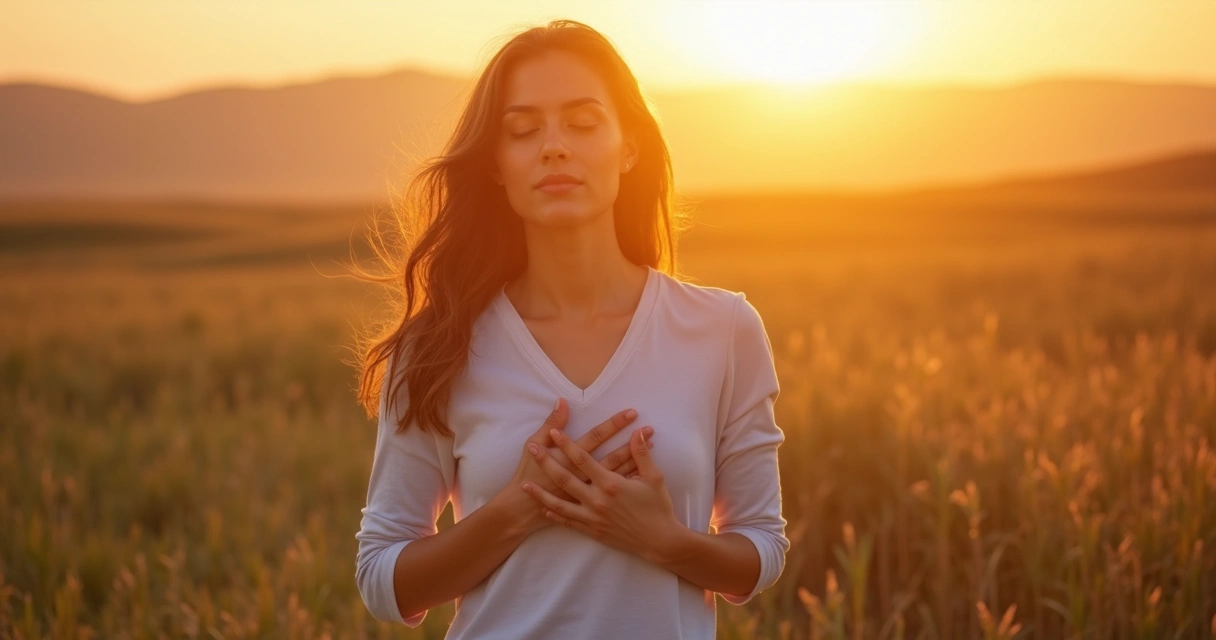 Pessoa em posição de autocuidado no campo, olhos fechados, clima de paz 