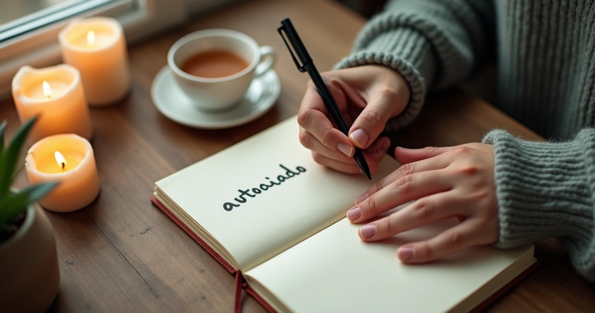 Persona escribiendo en un diario sobre autocuidado y límites personales. 