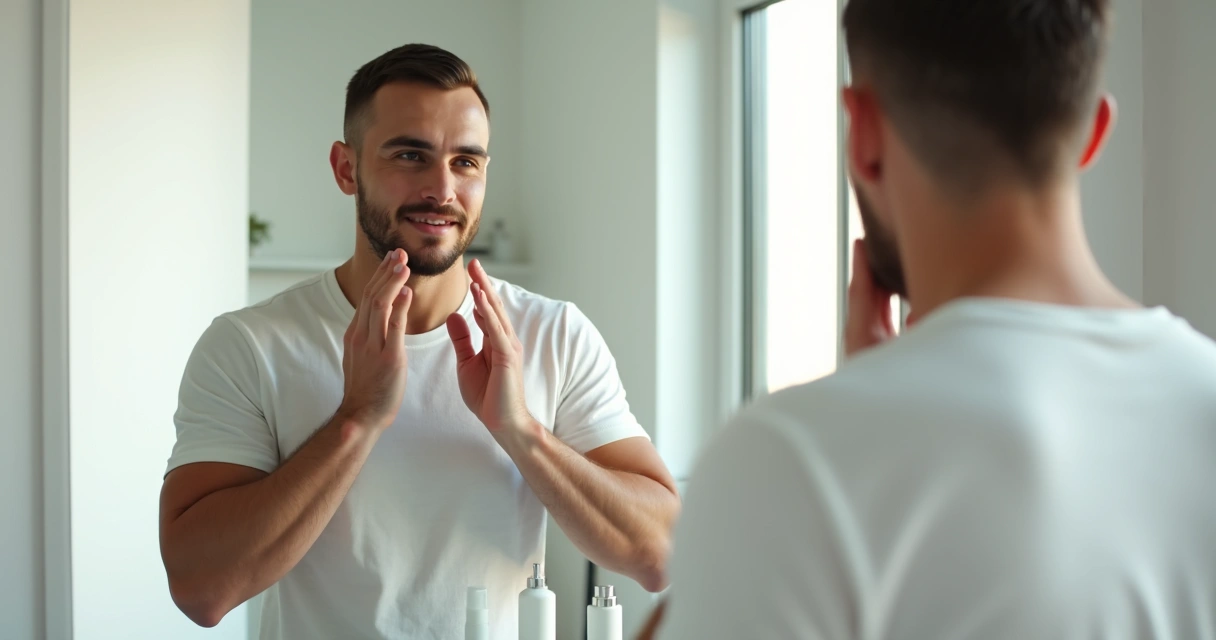Homem olhando o próprio rosto no espelho e cuidando da pele 