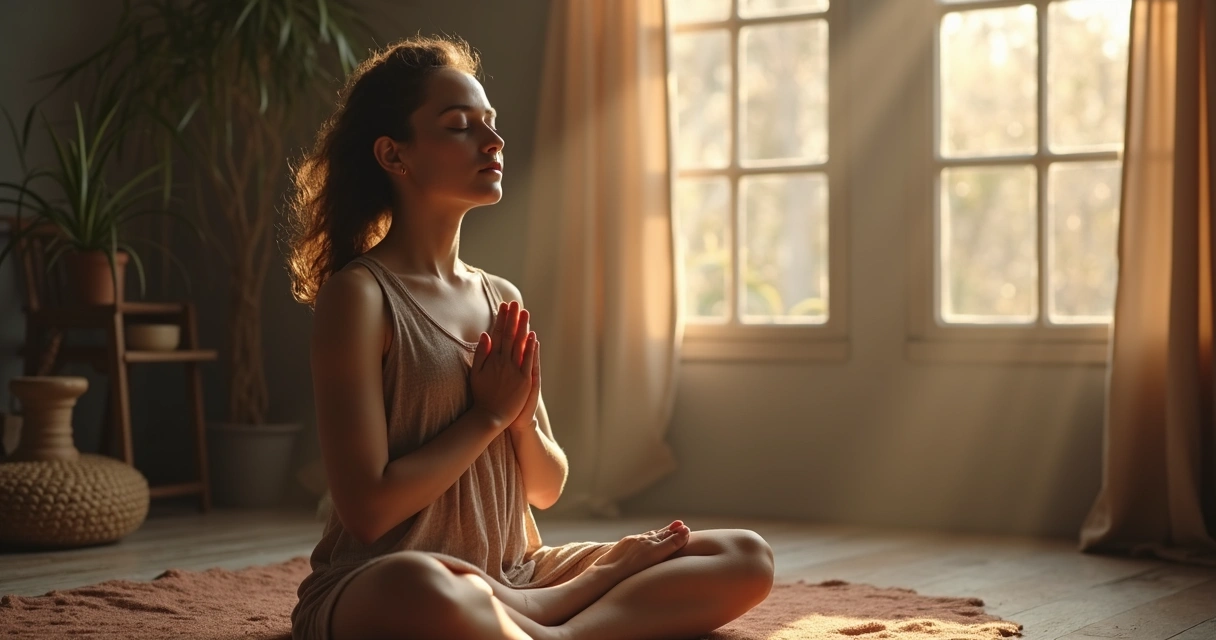 Mulher meditando em ambiente acolhedor, representando autocuidado e conexão espiritual 