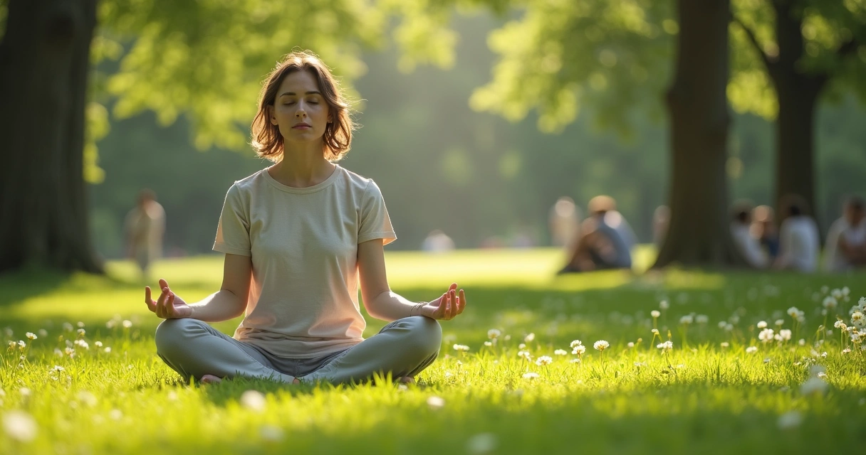 Pessoa relaxando no parque, em posição de meditação 