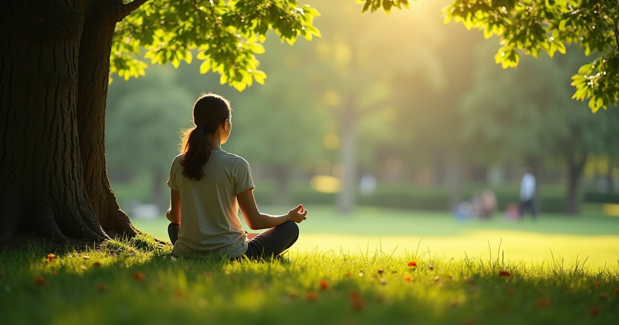 Pessoa meditando em parque arborizado 