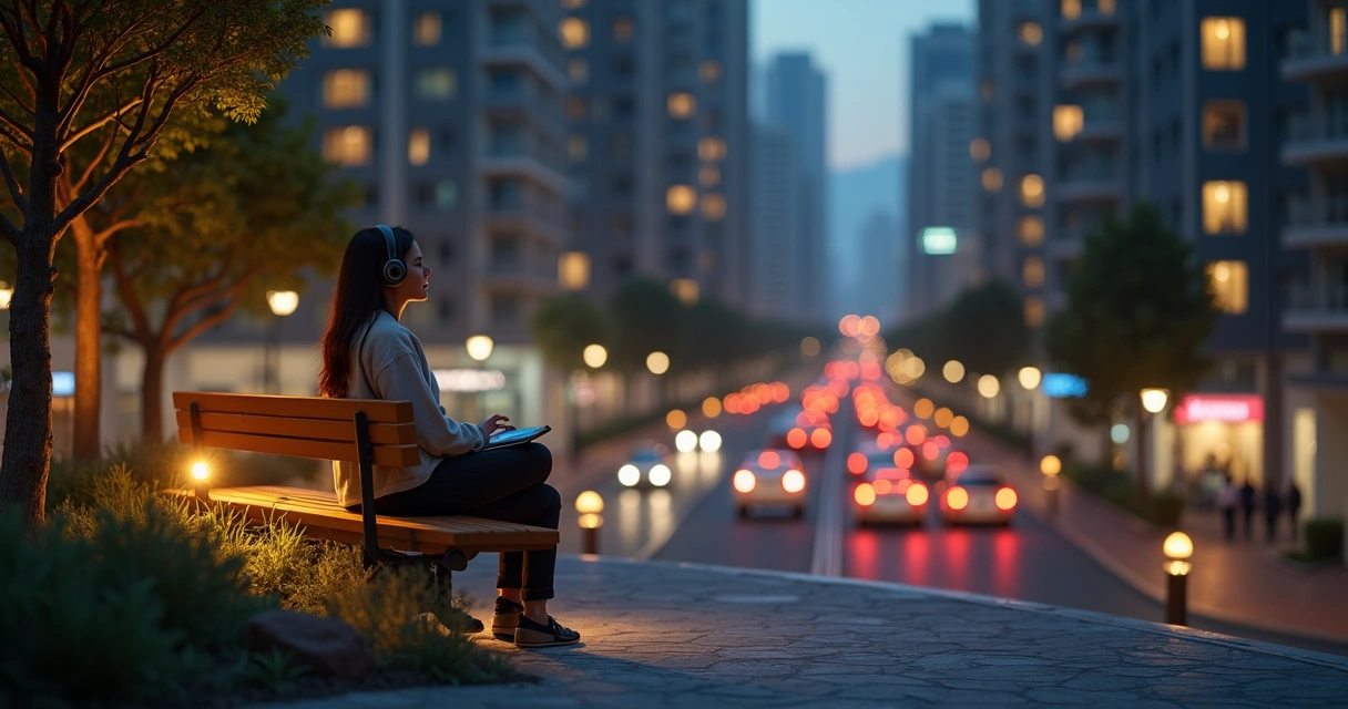Jovem sentado em parque urbano à noite usando fones de ouvido em uma pausa de autocuidado meditativo 