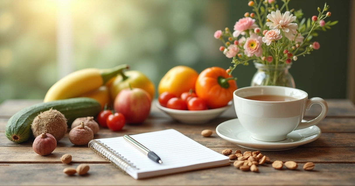 Mesa com alimentos saudáveis, caderno, xícara de chá, simbolizando autoatenção hormonal