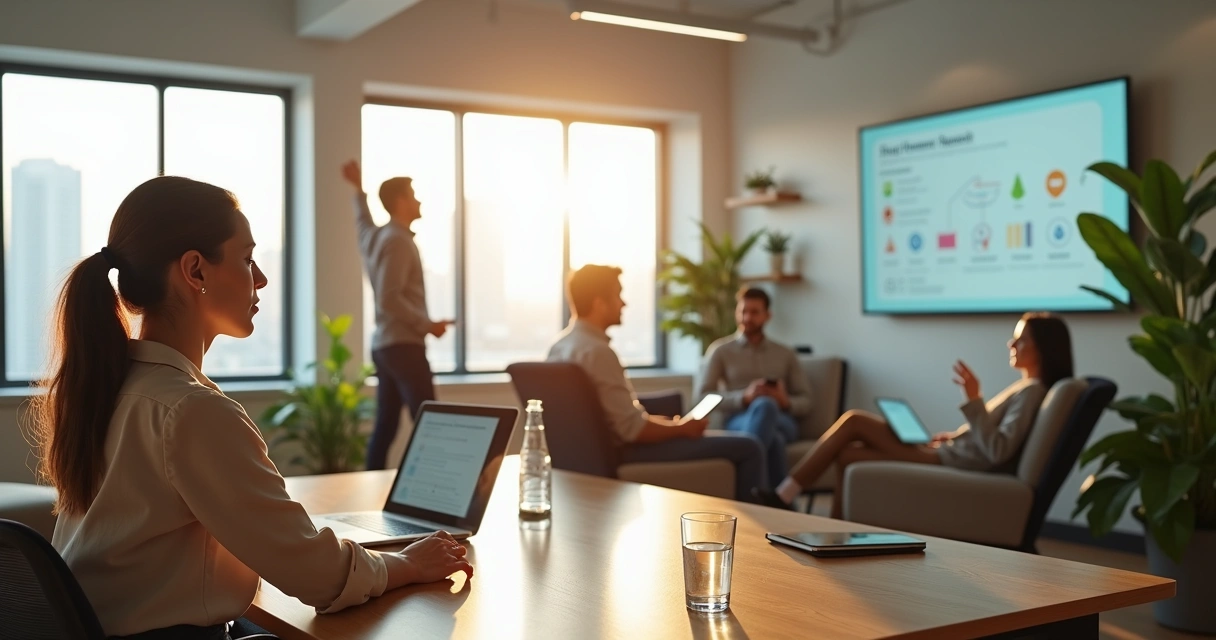 Equipe em escritório moderno integrando autocuidado e produtividade 