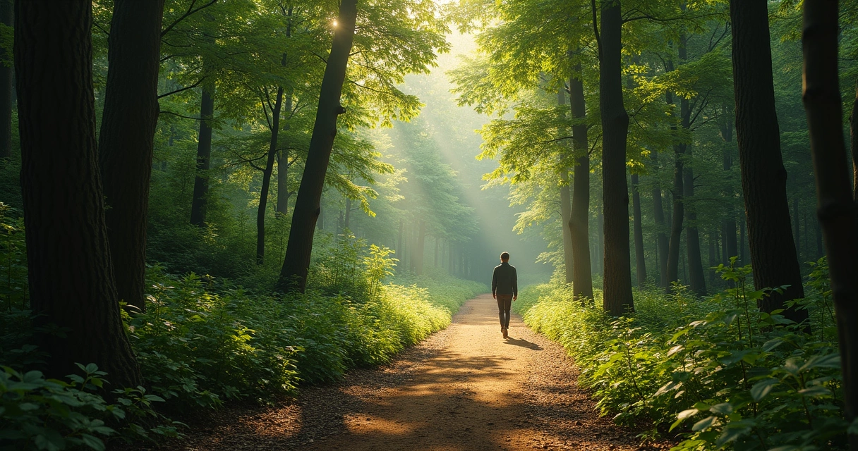 Pessoa caminhando sozinha em trilha com árvores e luz suave 