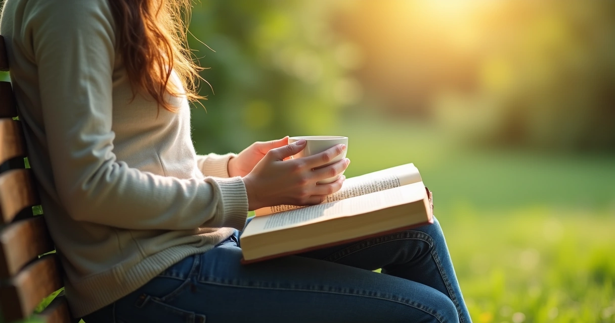 Pessoa relaxando ao ar livre com livro e chá 