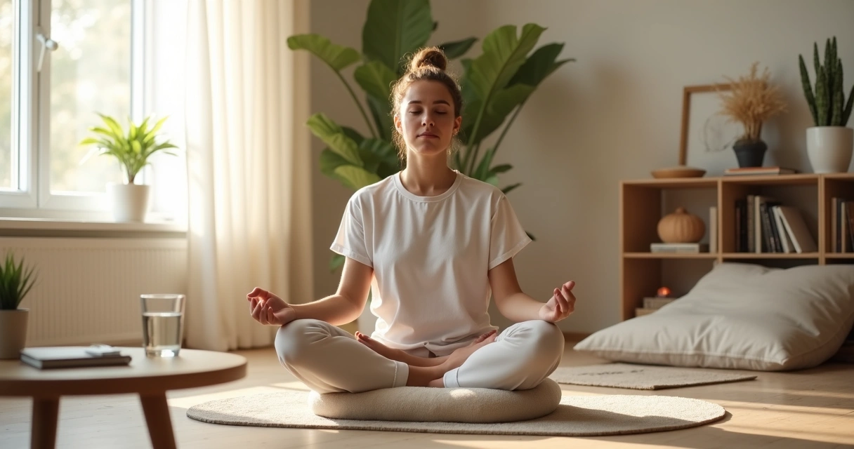 Pessoa sentada em posição de meditação em sala clara com elementos de autocuidado 