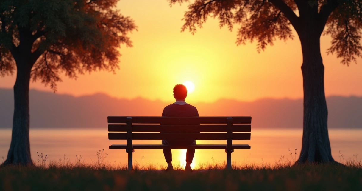 Pessoa sentada sozinha, olhando o horizonte, refletindo em momento de autocuidado. 