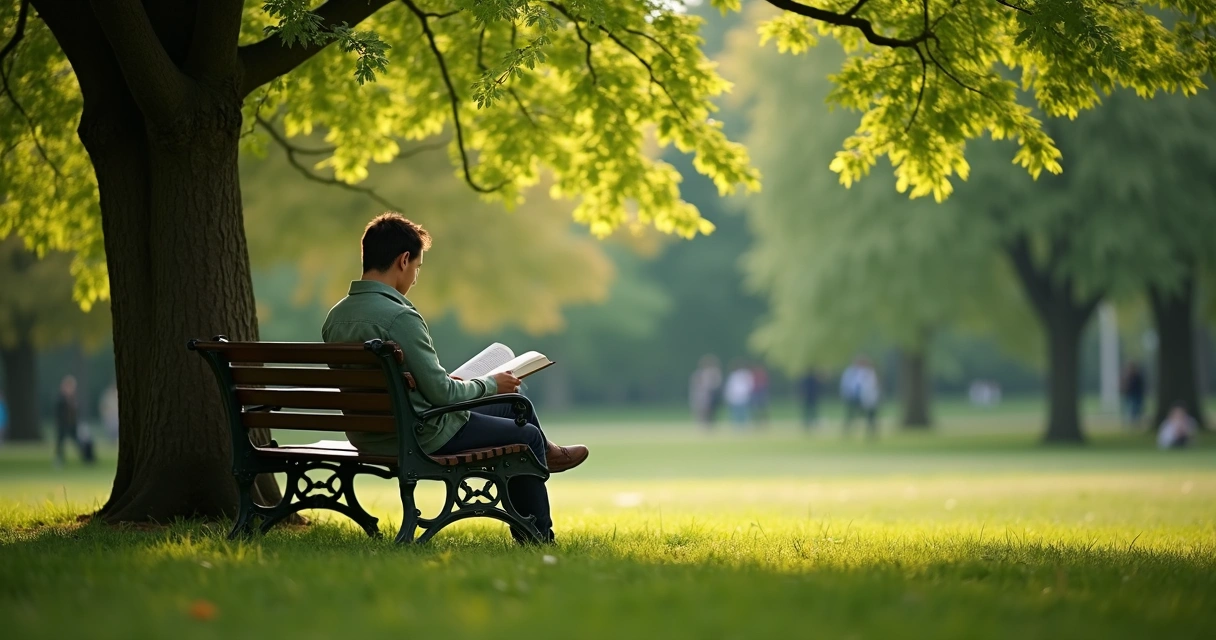 Pessoa sentada em um banco de praça lendo um livro e refletindo, árvores verdes ao fundo 