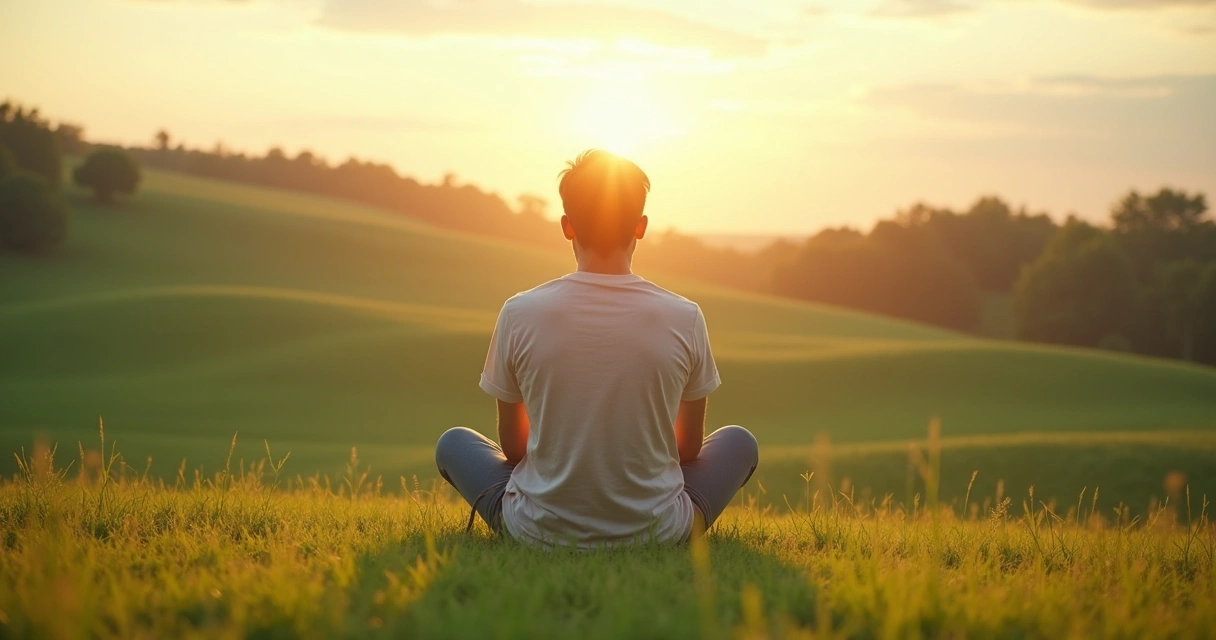 Pessoa sentada sozinha ao ar livre olhando para o horizonte, demonstrando um momento de reflexão e autocuidado. 