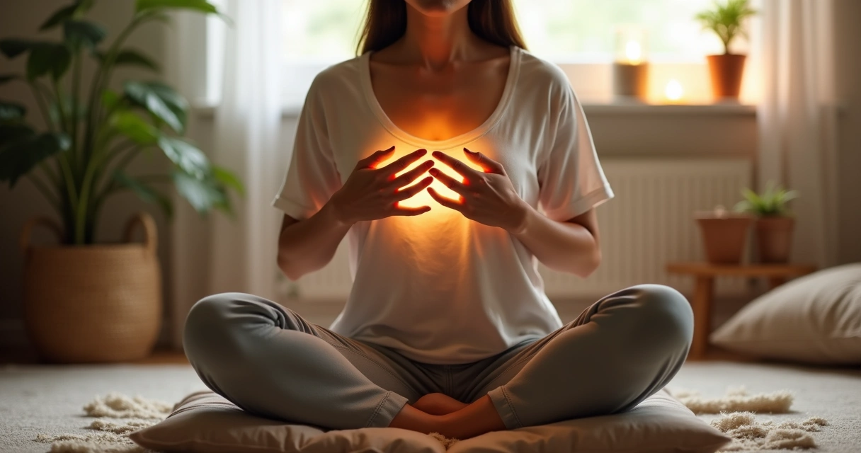 Mulher sentada em almofada praticando autoaplicação de Reiki 
