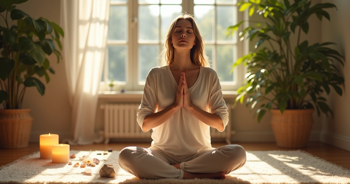 Mulher praticando autocuidado com reiki e meditação em casa, ambiente sereno 