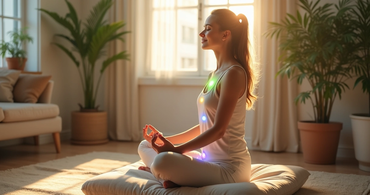 Mulher sentada confortável recebendo energia nas mãos, luz suave