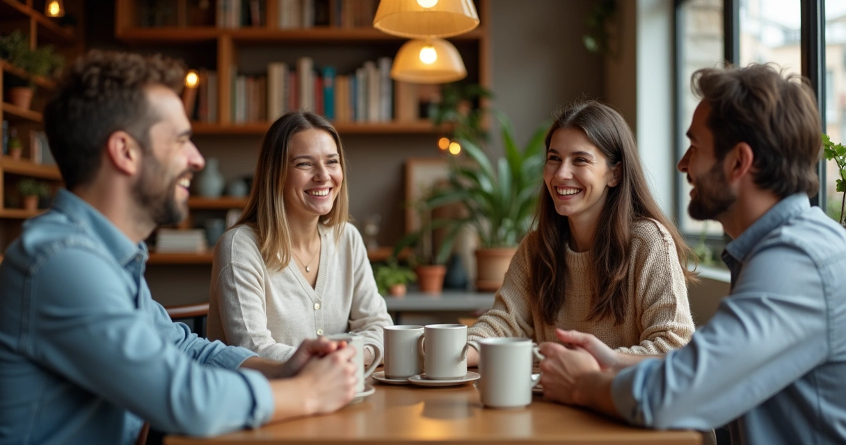 Amigos conversando e sorrindo em um café 