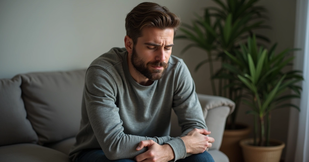Homem sentado de olhos fechados em postura relaxada, mãos sobre os joelhos, ambiente acolhedor 