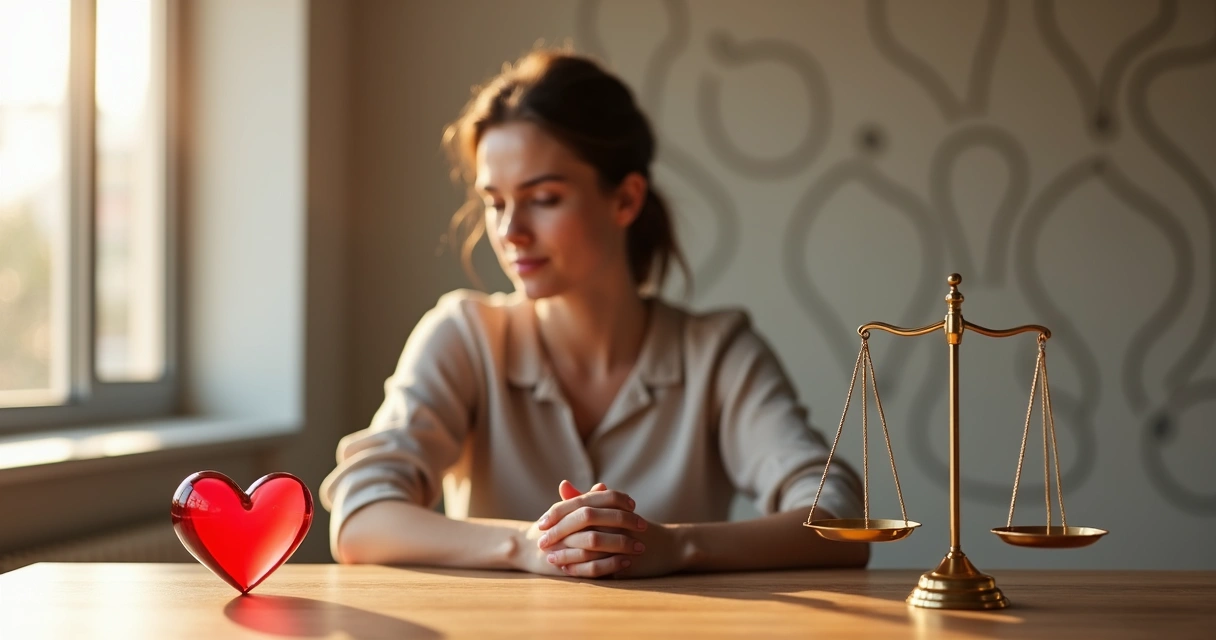 Pessoa sentada em mesa equilibrando símbolo de coração e balança ética 