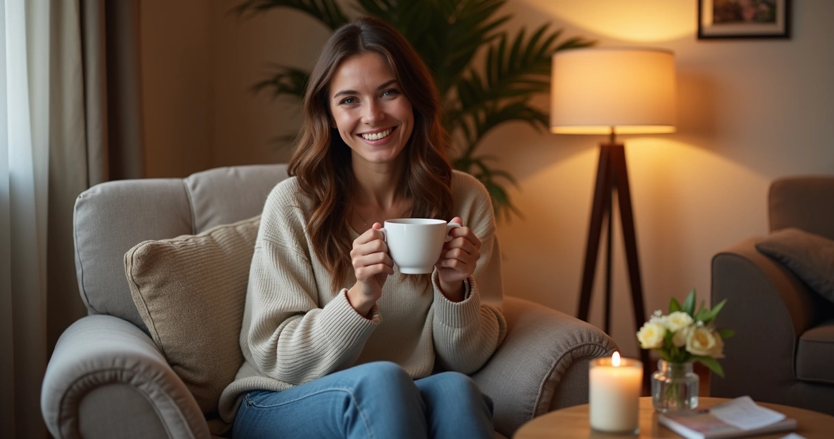 Mulher sorrindo segurando uma xícara de chá em ambiente aconchegante 