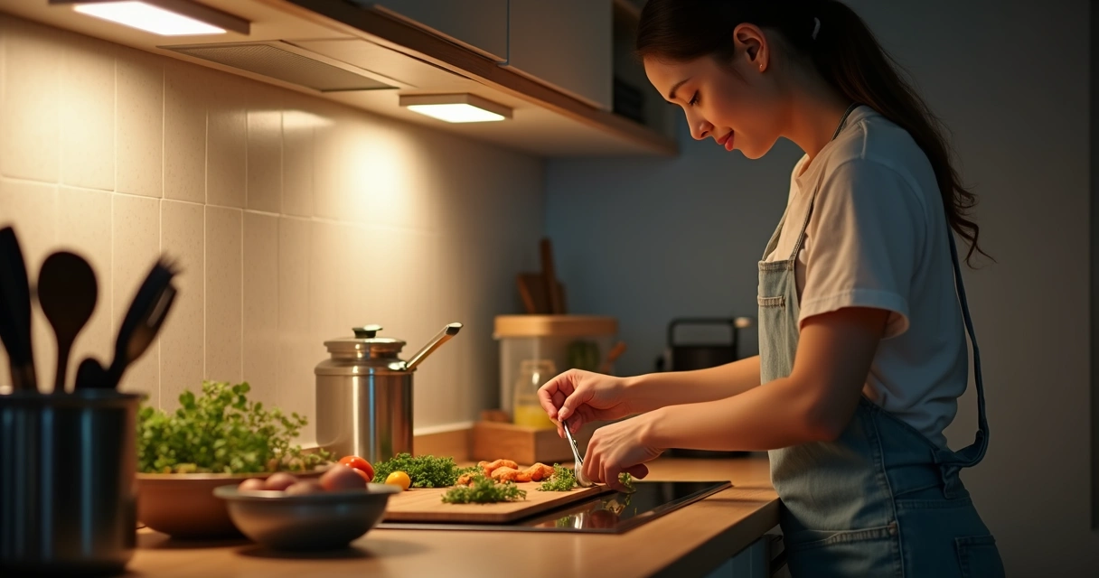 Pessoa prepara refeição tranquila em casa 