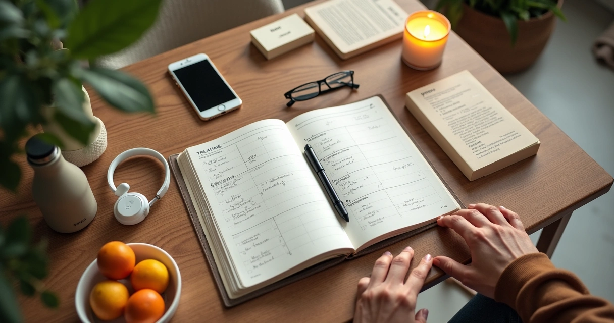 Pessoa organizando itens de autocuidado em um planner na mesa 